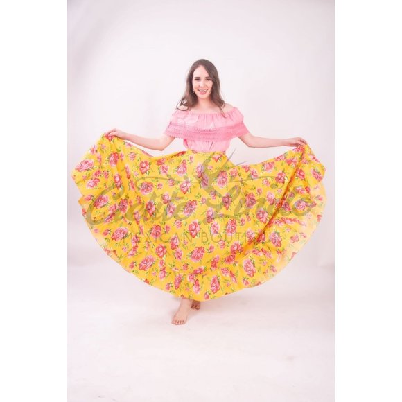 Cielito Lindo Skirts Mexican Folklorico Practice Skirt Floral Yellow Long Vuelo Flare One